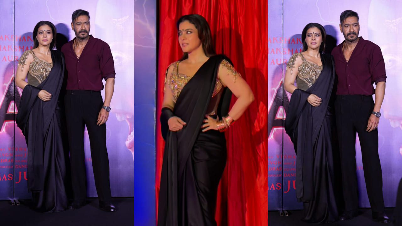 Kajol Stuns in Black Custom Torani Saree with Golden Embellished Blouse at Maa Trailer Launch