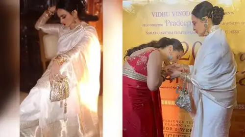 Rekha Dazzles in Ivory Banarasi Saree at Parineeta’s 20-Year Celebration: A Vision of Timeless Elegance
