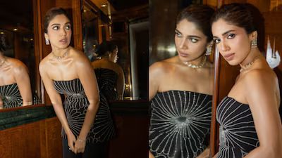 Bhumi Pednekar Radiates Elegance in Strapless Black Ensemble with Metallic Embroidery