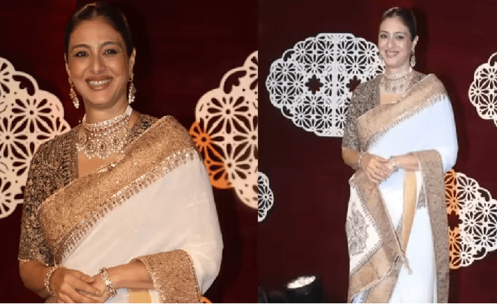 Tabu Radiates Elegance in White & Gold Saree at Navratri Gathering