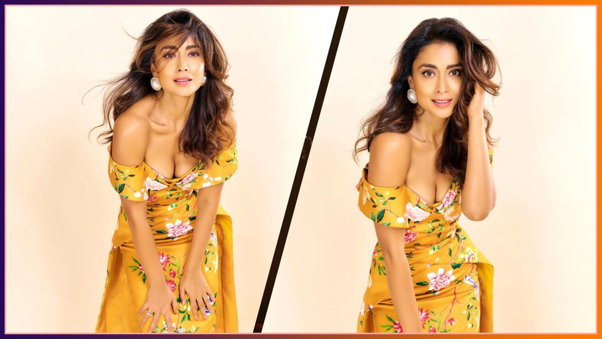 Shriya Saran Radiates in Mustard Yellow Floral Off-Shoulder Gown