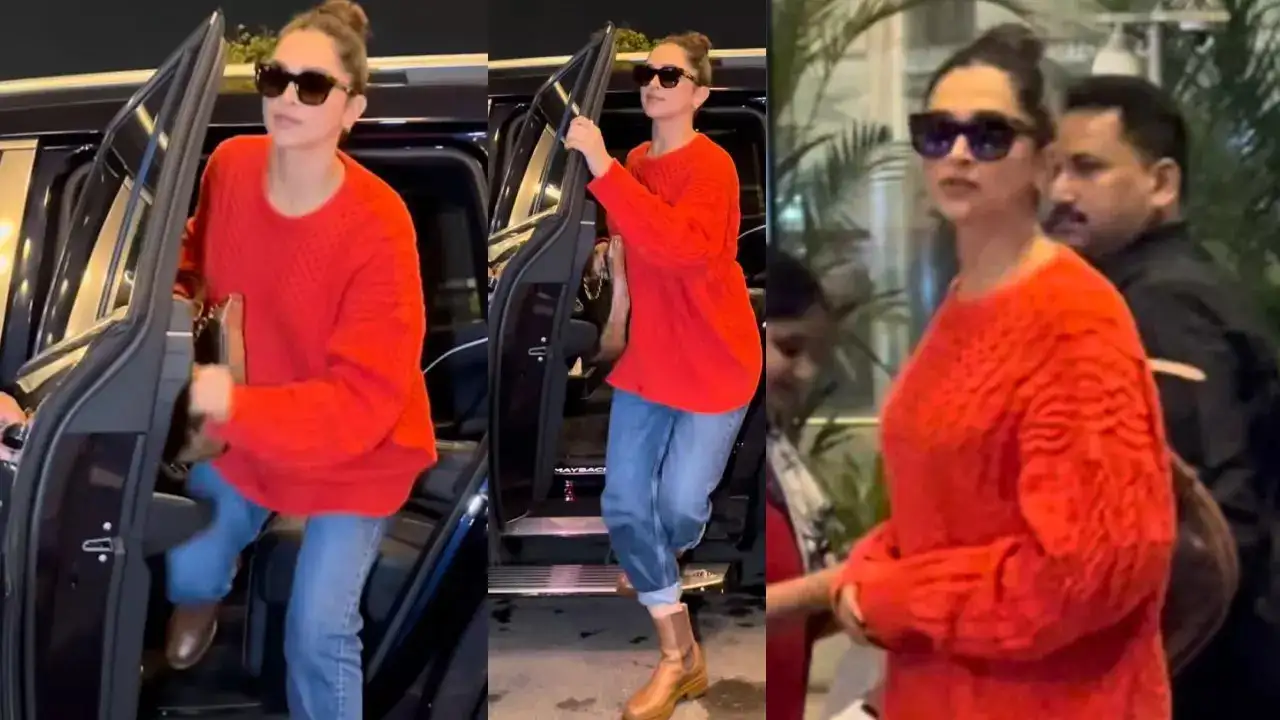 Deepika Stuns in Red Sweater and Denim at Airport
