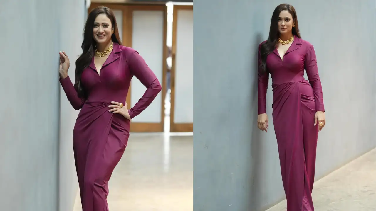 Shweta Tiwari Stuns in Deep-Purple Draped Gown