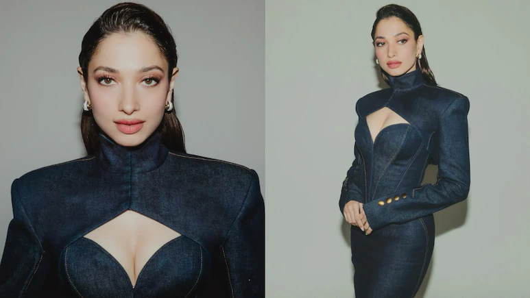 Tamannaah Bhatia Redefines Denim in Bold, Sculpted Midnight-Blue Dress