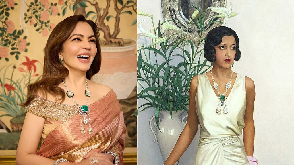 ✨ Nita Ambani Channels Royal Glamour in a Zari Kanjivaram Saree and Emerald Sautoir at Britain’s Pink Ball