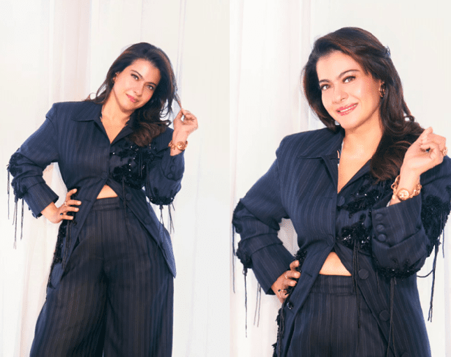 Kajol Stuns in Blue Striped Suit with Elegant Formal Flair