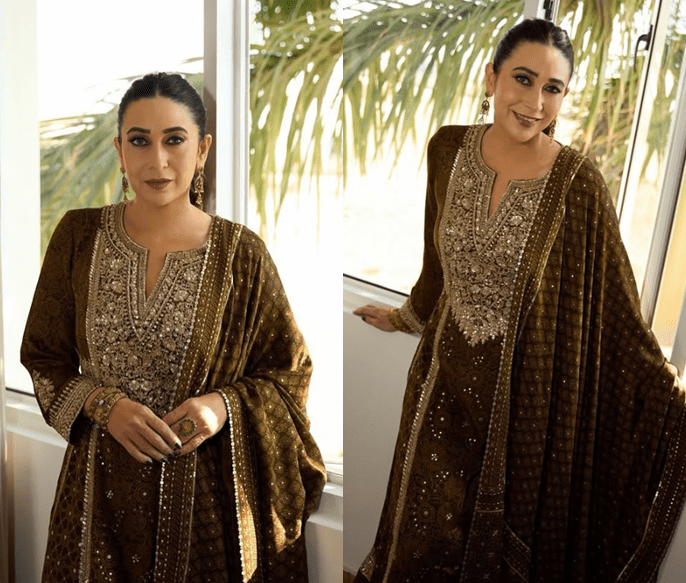 Karisma Kapoor Spotlights Ajrakh Heritage in Anita Dongre Suit